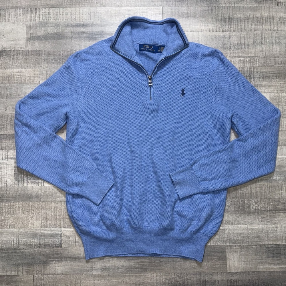 Polo Ralph Lauren Mens S Quarter Zip Pullover Blue Cotton Long Sleeve Logo